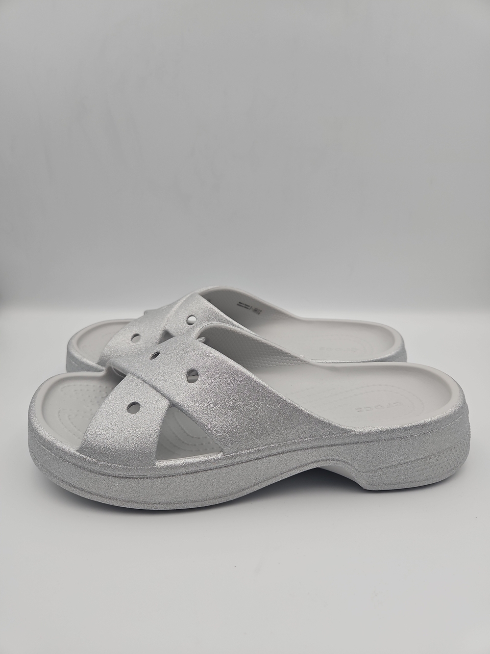CROCS Women's Glitter Crossband Slide Sandals in Silver